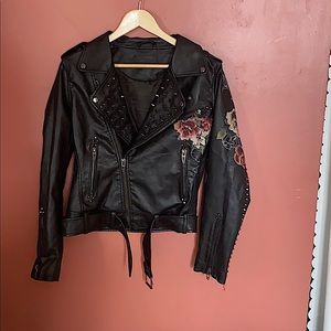 Spike, studded, floral designs leather jacket